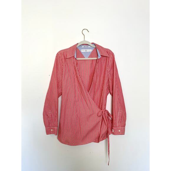 Tommy Hilfiger Red White Stripe Wrap Blouse Womens 1X Cotton Long Sleeve Preppy - Picture 1 of 12